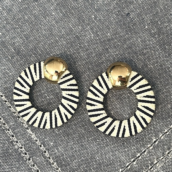 Gold and Blue Striped Hoop Earrings Vintage Estate Sale - Picture 2 of 5